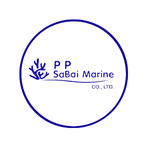 Logo dell'azienda SaBai Marine con disegno di corallo blu e testo su sfondo bianco