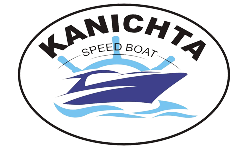 Logo Kanichta Speed Boat con motoscafo blu e onde su sfondo bianco