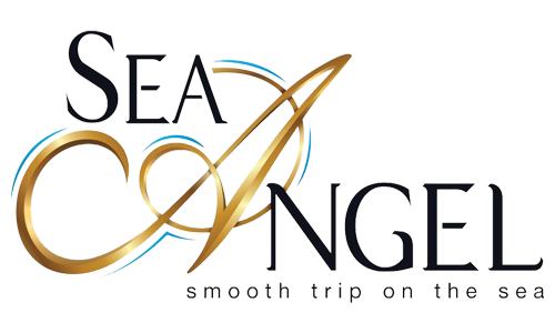 Logo Sea Angel con barca a vela e slogan 'smooth trip on the sea'