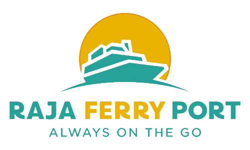 Raja Ferry Port 徽标,白底青色渡轮图标与金色太阳圆形