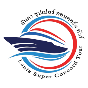 Logo della compagnia di traghetti Launta Super Concord con nave stilizzata rossa e blu e testo thailandese