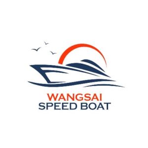 赤い太陽と紺色の波をあしらった様式化した船が特徴のWangsai Speed Boatのロゴ